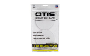 Otis gun cleaning patches packaging, 3-inch, 100 count.