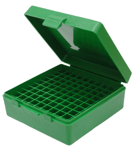 Green plastic box with open lid and grid