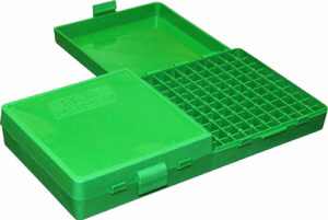 Green plastic ammo storage box with open lid.