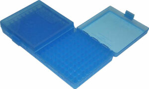 Open blue plastic box with compartment grid