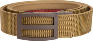 Brown woven belt with metal buckle.