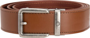 Brown leather belt with metal buckle