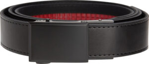 Black leather belt with modern buckle design.