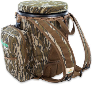 Camouflage hunting backpack with detachable seat.