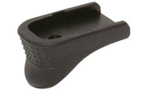 Black plastic grip extension for handgun magazine.