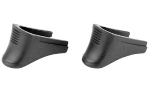 Black grip extensions for firearm magazines.