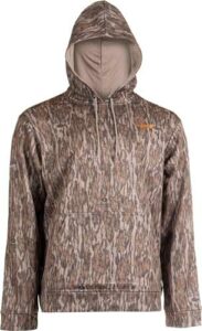 Camouflage hoodie with front pocket and drawstring hood.