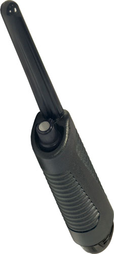 Retractable black antenna with textured grip handle.
