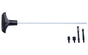 Rake handle with black tines and additional attachments