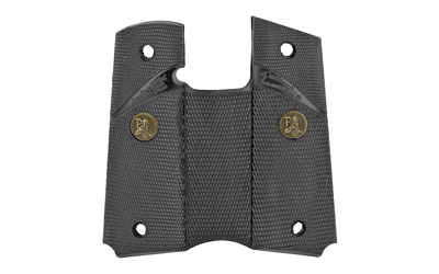 Black textured gun grip with gold accents