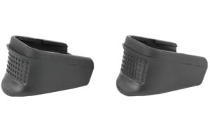 Black firearm magazine extensions, textured grip.