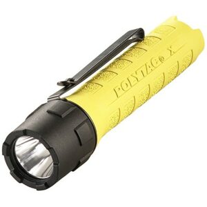 Yellow flashlight with black clip and grip