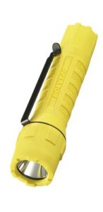 Yellow flashlight with clip for outdoor use.