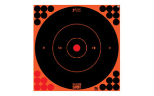Orange and black shooting target with bullseye.