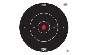 Black target with red center and white rings.