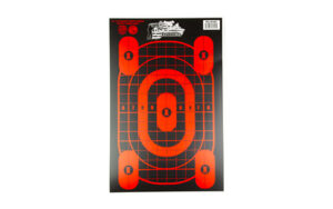 Red bullseye target sheet with grid pattern.