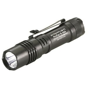 Compact black tactical flashlight with clip