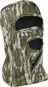 Camouflage balaclava with eye and mouth openings.