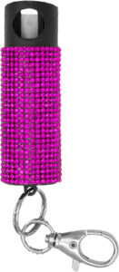 Pink rhinestone pepper spray keychain with clip attachment.