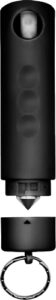 Small black pepper spray with keychain attachment.