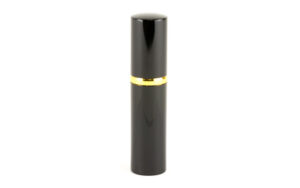 Elegant black lipstick tube with gold accent.