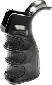 Black ergonomic grip for tools or machinery.