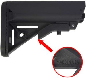 Adjustable rifle stock labeled 'Made in USA'
