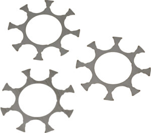 Three metal star-shaped lock washers