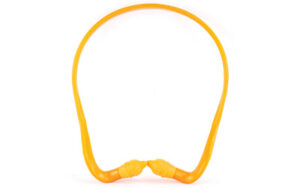Orange banded earplugs for noise reduction.