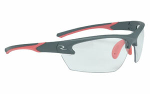 Gray and red sports sunglasses with clear lenses.