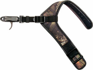 Camouflage archery wrist release with buckle strap.