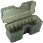 Plastic storage box with dividers, open lid.