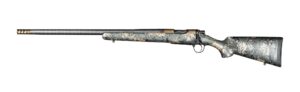 Camouflage pattern hunting rifle with carbon fiber barrel.