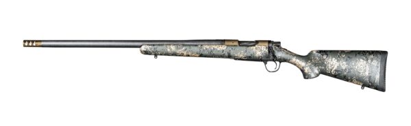 Camouflage pattern hunting rifle with carbon fiber barrel.