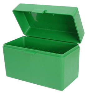 Green plastic storage box with open lid