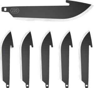 Five serrated black blades, various lengths.