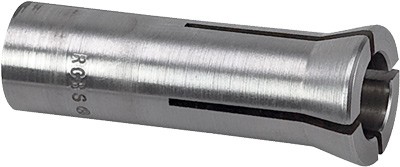 Cylindrical metal collet for securing tools or workpieces.