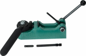 Green pipe cutter tool with handle and accessories.