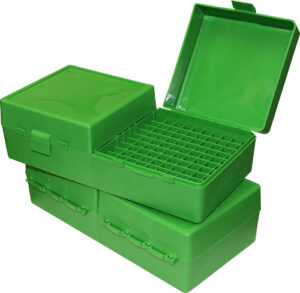 Green plastic stacking storage boxes with grid insert.