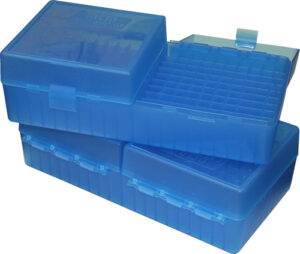 Stacked blue plastic storage boxes