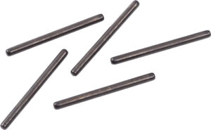 Five metal dowel pins scattered on white background.