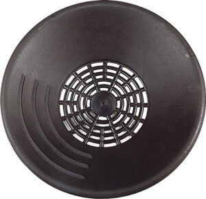 Round black drainage basket with grid pattern