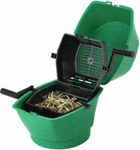 Green brass case separator with handles and brass inside.