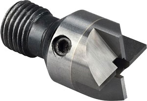 Metal cutting tool with threaded tip and hole.