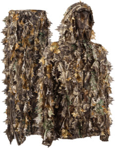 Camouflage hunting suit with leaf pattern, hooded design.