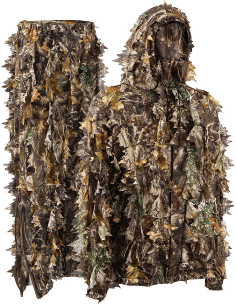 Camouflage hunting suit with leaf pattern, hooded design.