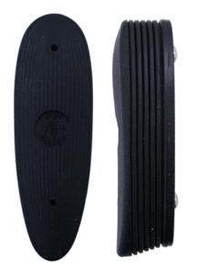 Black rubber recoil pad for firearms, front and side view.