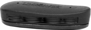 Black recoil pad with logo for shock absorption.