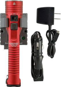 Red flashlight with chargers and cables