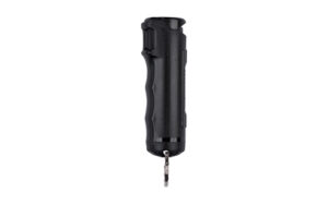 Compact black keychain pepper spray for personal safety.